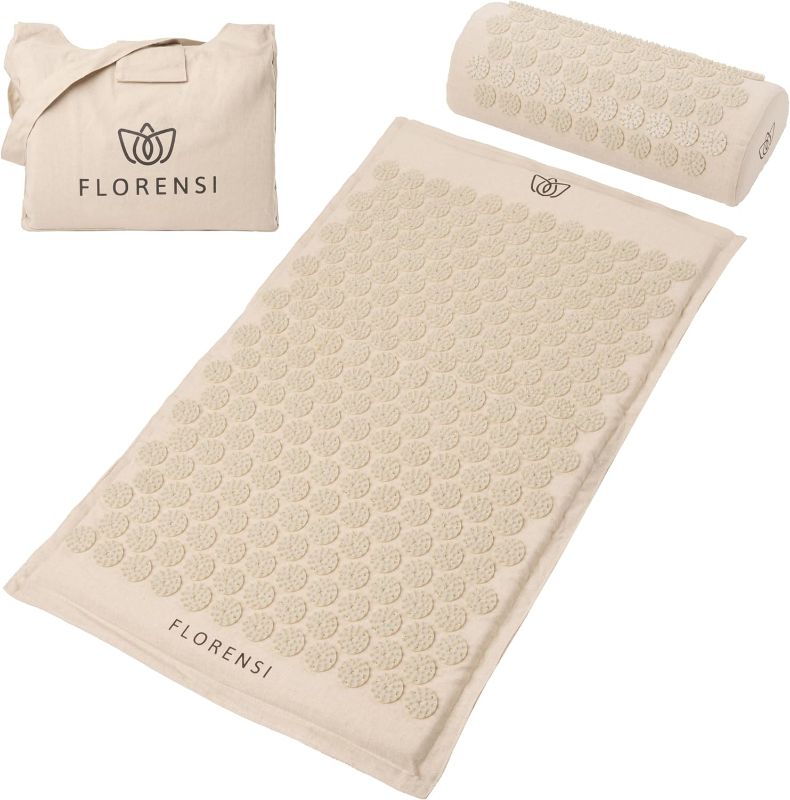 Photo 1 of Florensi Acupressure Mat and Pillow Set, 3 Piece Acupuncture Mat Set for Neck and Back Pain Relief, Sciatic & Muscle Tension Relief- 100% Linen Cotton with Over 8000 Durable BPA-Free Spikes
