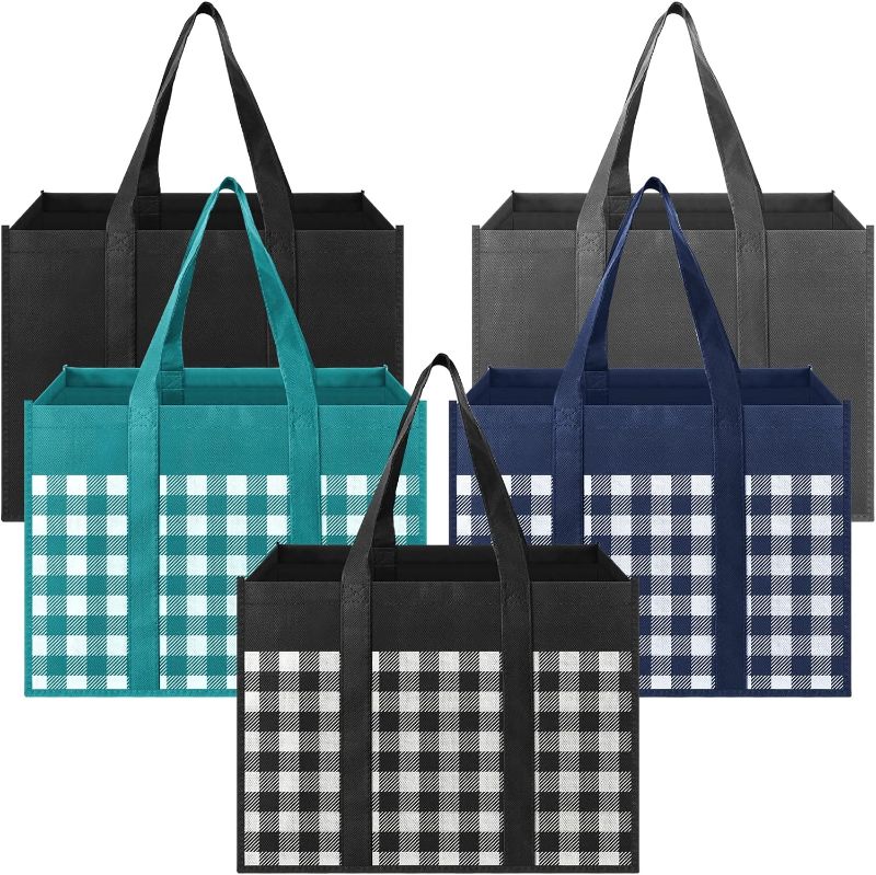 Photo 1 of Reusable Grocery Bags 5-Pack, Large Foldable Reusable Shopping Tote Bags Bulk for Groceries, Waterproof Kitchen Cloth Produce Bags with Long Handles,Lightweight-Plaid Style D
