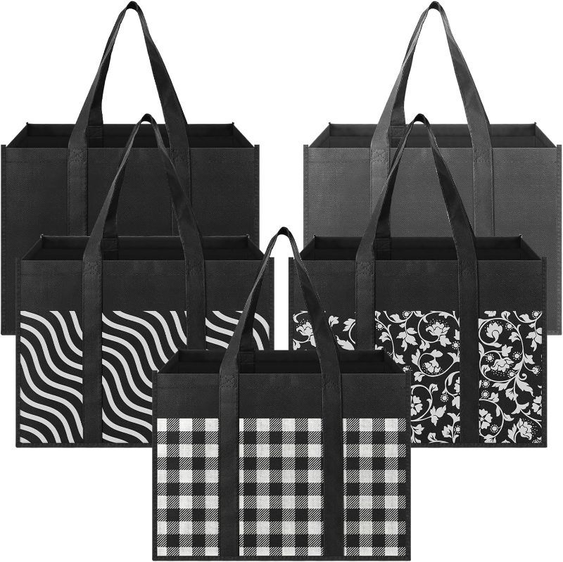 Photo 1 of Reusable Grocery Bags 5-Pack, Large Foldable Reusable Shopping Tote Bags Bulk for Groceries, Waterproof Kitchen Cloth Produce Bags with Long Handles, Lightweight-Plaid Style 