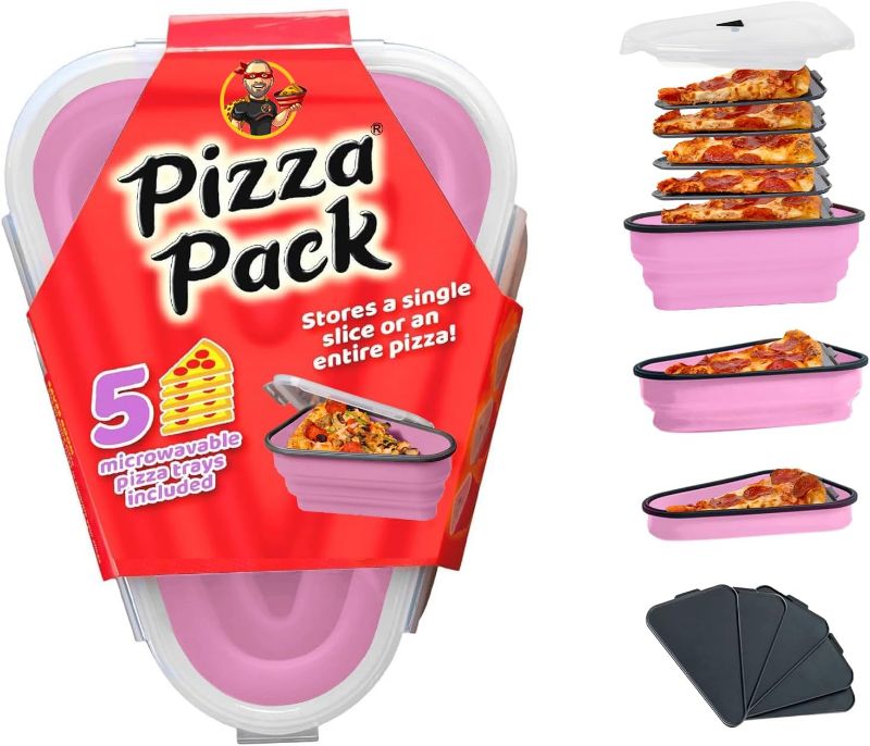 Photo 1 of PIZZA PACK The Perfect Reusable Pizza Storage Container with 5 Microwavable Serving Trays - BPA-Free Adjustable Pizza Slice Container to Organize & Save Space, Pink
