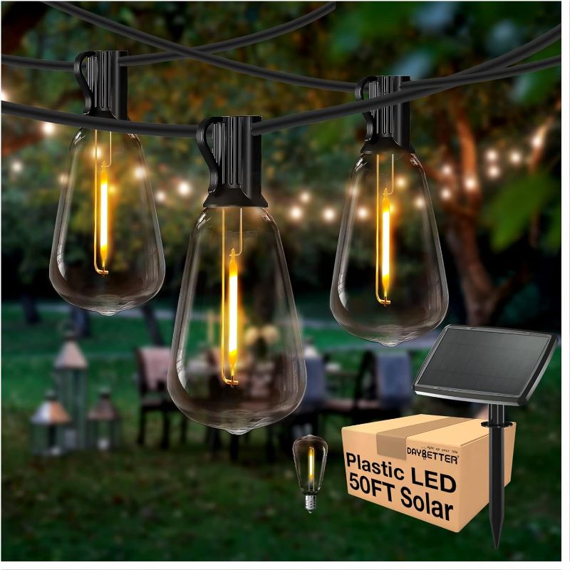 Photo 1 of DAYBETTER 50ft Solar Outdoor String Lights Waterproof, ST38 LED Patio Lights Outside Garden Balcony Backyard Sunroom Decor, Weatherproof Plastic Hanging Lights for Yard Porch Bistro
