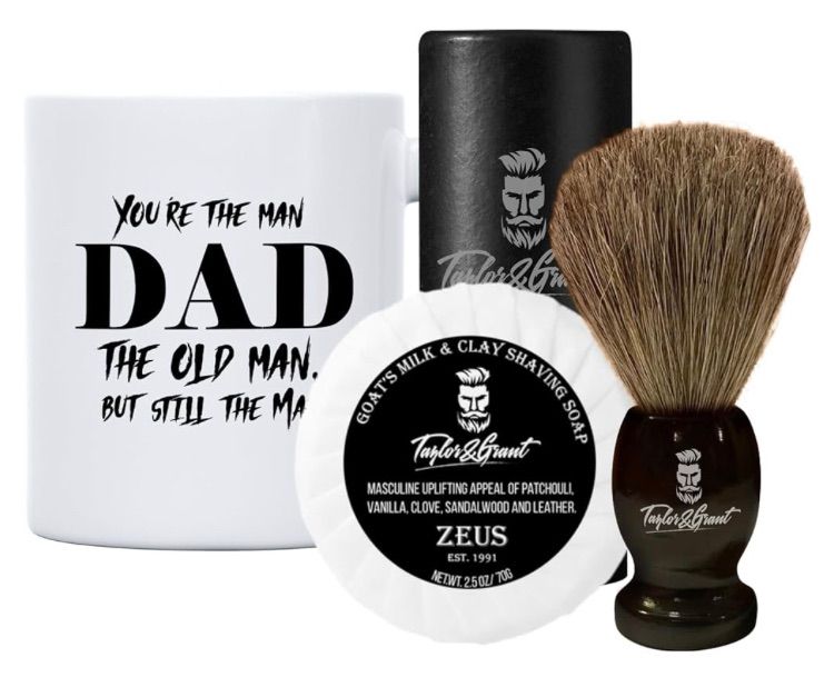 Photo 1 of Grooming Kit for Men. Includes Badger Hair Shaving Brush, Goat Milk Shaving Soap Plus a You're The Man Dad, The Old Man But Still The Man Mug from Taylor & Grant.