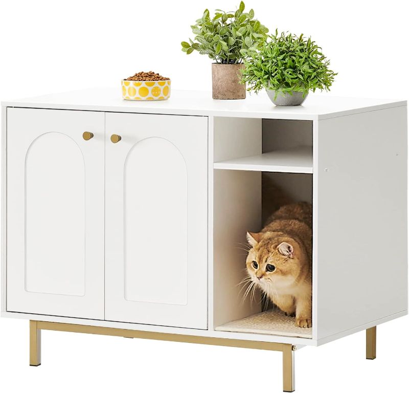 Photo 1 of Cat Litter Box Enclosure, Hidden Litter Box Furniture, Wooden Pet House Side End Table, Storage Cabinet Bench for Living Room, Bedroom, 31.5 x 19.7 x 23.9 inches, White and Gold 01503GCLB
