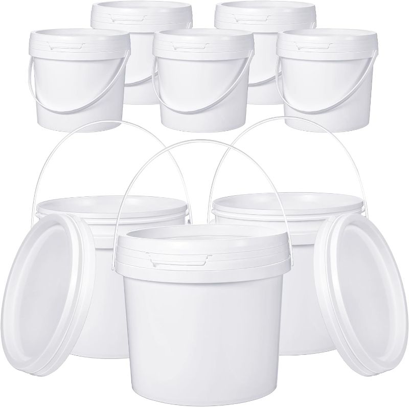Photo 1 of 8 Pcs Plastic Bucket with Handle and Lid Durable Heavy Duty Bucket Pail Container Food Safe Bucket for Multipurpose Storage Paint Art Crafts Projects, BPA Free (White,1 Gallon)
