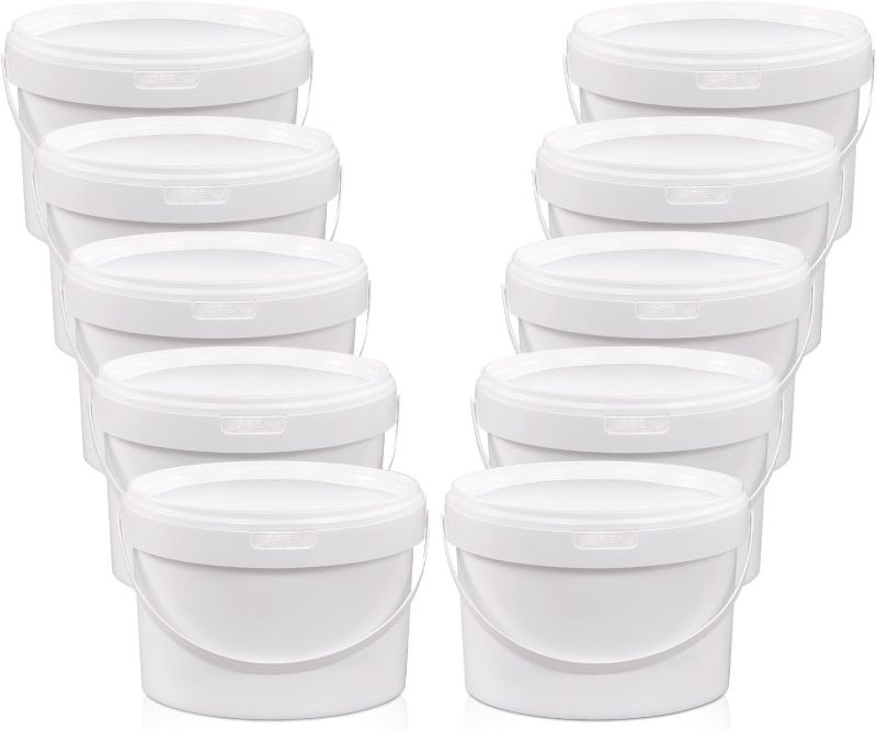 Photo 1 of 10 Pack White Plastic Bucket with Handle Food Storage Bucket Containers All Purpose Pail for Multipurpose Paint Water Art Crafts Projects Garage Organization (1 Gallon White)
