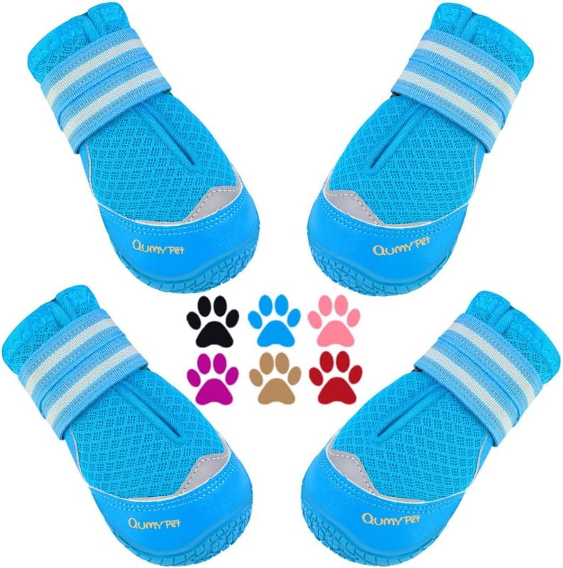 Photo 1 of QUMY 4PCS Dog Shoes for Hot Pavement, Medium Large Dog Boots & Paw Protectors for Summer Heat Protection, Mesh Breathable Nonslip Dog Booties for Walking Running Hiking Blue Size 7
