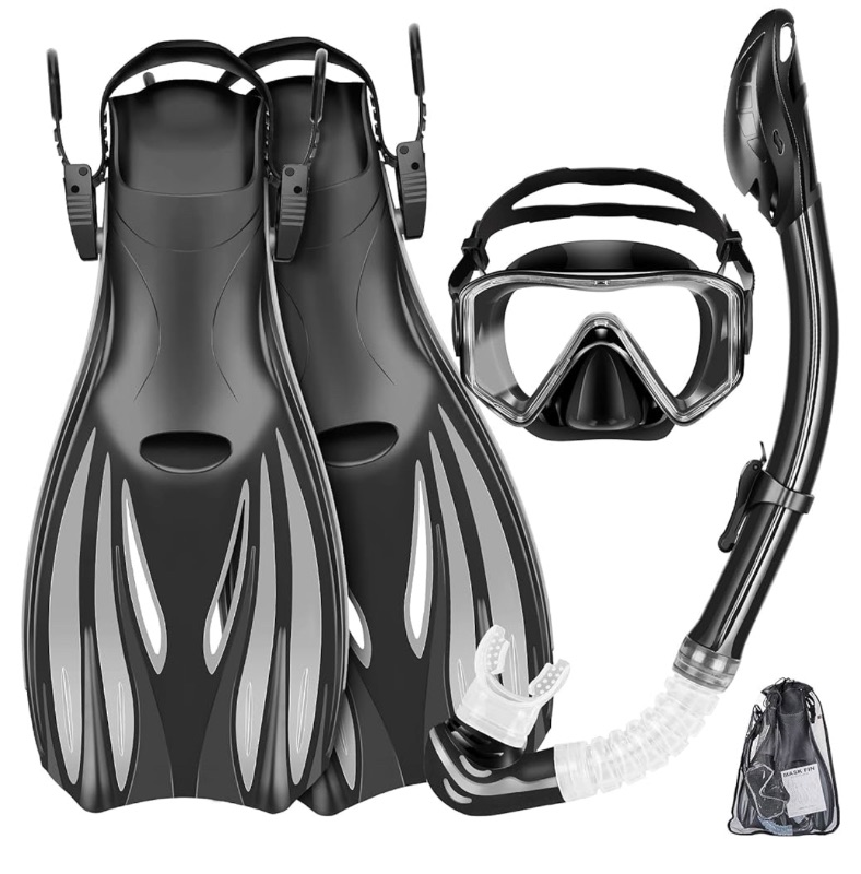 Photo 1 of Snorkeling Gear for Adults Kids - Mask Fins Snorkel Set with Panoramic View Snorkel Mask Anti-Fog Anti-Leak, Dry Top Snorkel, Dive Flippers and Gear Bag, Snorkeling Diving Safety Gear