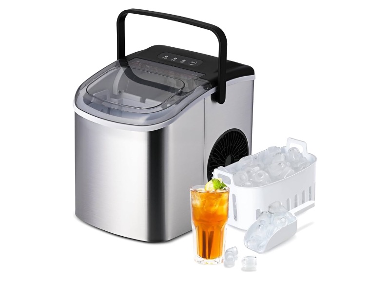Photo 1 of Simple Deluxe Countertop Ice Maker Machine, 9 Ice Cubes Ready in 6 Mins, 26lbs Ice/24Hrs, with Scoop & Basket, Self-Cleaning Function, for Home Kitchen Office Bar Party, Silver