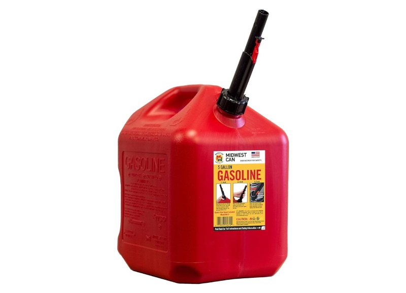 Photo 1 of Midwest Can Company 5610 5-Gallon EPA & CARB Compliant Gas Can Fuel Container Jug with Spout and Flame Shield System, Red