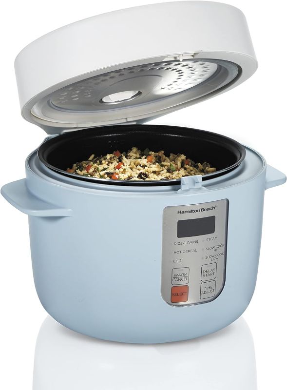 Photo 1 of Hamilton Beach Digital Programmable Rice Cooker & Food Steamer,12 Cups Cooked (6 Uncooked), with Slow Cook & Hard-Boiled Egg Functions, Steam & Rinse Basket, Blue (37561)
