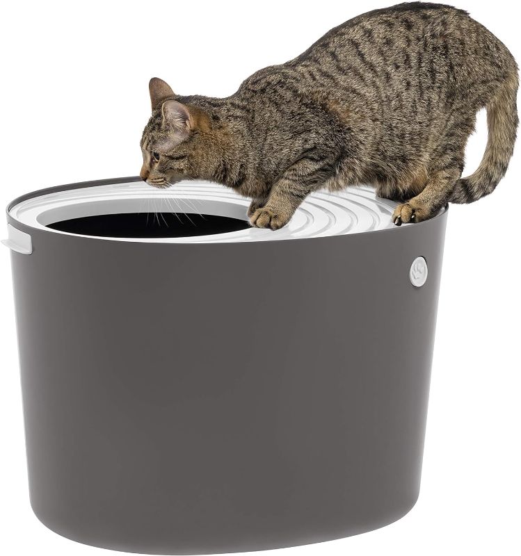 Photo 1 of IRIS USA Large Stylish Round Top Entry Cat Litter Box with Scoop, Curved Kitty Litter Pan with Litter Particle Catching Grooved Cover and Privacy Walls, Dark Gray/White
