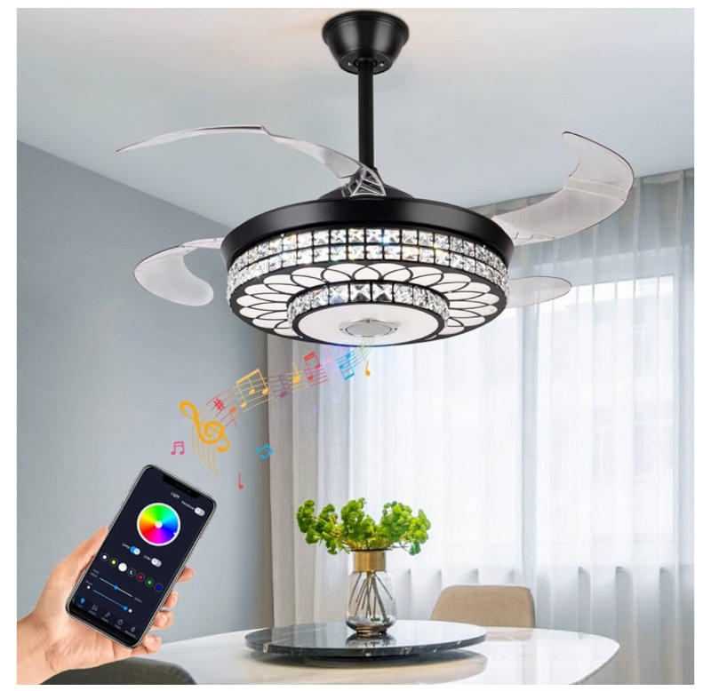 Photo 1 of 42" Retractable Ceiling Fan with Light Bluetooth Speaker Crystal Modern Ceiling Lighting Fan Remote Control Invisible Fan Blade Fan Light for Living Room Bedroom Dining Room Office Black