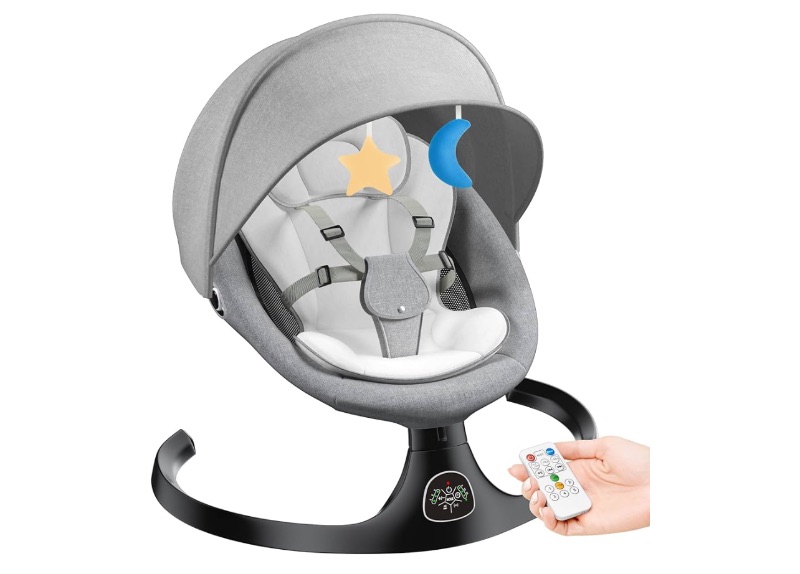 Photo 1 of Electric Baby Swing for Infants, Baby Rocker for Infants with 5 Speeds, 10 Lullabies, Adapter & Battery Operated, Indoor & Outdoor Use, Remote Control, Gray
