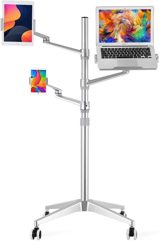 Photo 1 of Triple arm Height Adjustable Stand Mount with Rolling Wheel for Laptop(11-17 inch) and Compatible with ipad iPad pro 12.9 inch/Tablet/Ereader
