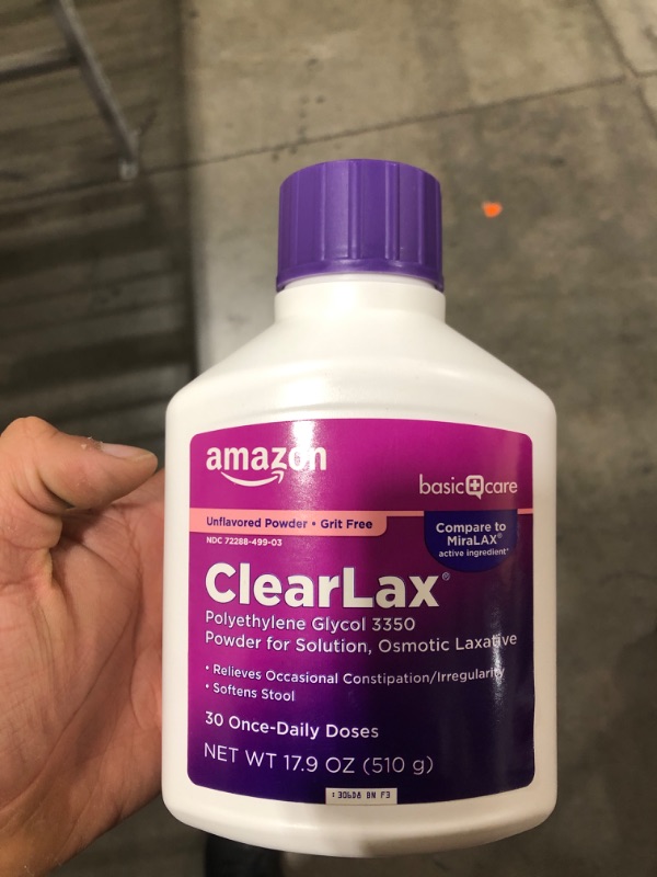 Photo 2 of Amazon Basic Care ClearLax, Polyethylene Glycol 3350 Powder for Solution, Osmotic Laxative, Unflavored, 1.11 pound (Pack of 1)