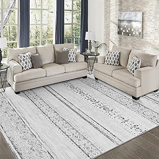 Photo 1 of 8x10 Area Rugs for Living Room Bedroom: Large Machine Washable Rug with Non-Slip Backing Non Shedding Stain Resistant, Soft Geometric Moroccan Carpet for Dining Room Nursery Home Office - Gray/Ivory