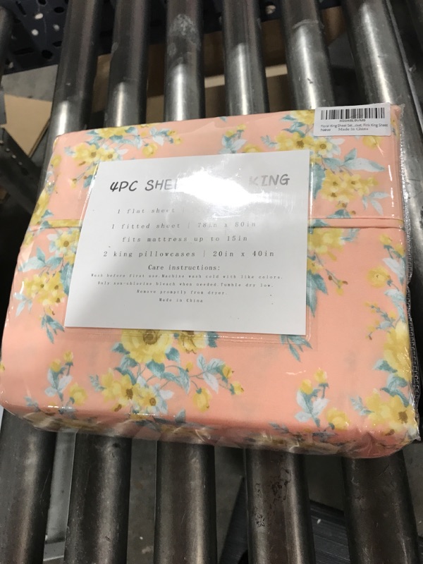 Photo 2 of Floral King Sheet Set Yellow Flower Bedding Sheets Printed Sheets - 4 Piece Soft Microfiber Botanical Patterned Fitted Sheet with 15" Deep Pocket, Pink King Sheet Pink Flower King