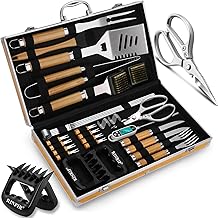 Photo 1 of 35pcs Deluxe Grilling Gifts Set for Birthday Christmas, Stainless Steel BBQ Accessories Kit for Men Dad, Professional Grill Tools Utensils with Scissors, Meat Claws in Aluminum Case Yellow