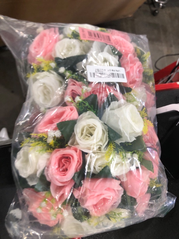 Photo 1 of Artificial Flowers Rose Centerpieces - 2 Pcs Faux Flower Kissing Ball Fake Flower 15 Heads Plastic Roses with Base Perfect for Wedding Bouquets Party Table Decor for Flower Balls Wedding(Pink White)