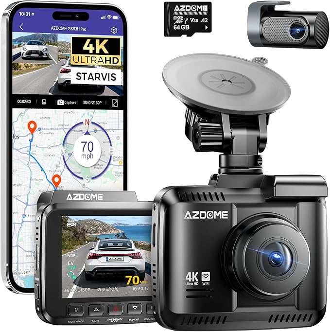 Photo 1 of AZDOME 4K Dash Cam Front and Rear, STARVIS Night Vision, UHD 2160P WiFi Dash Camera for Cars with GPS, Included 64GB Card, 2.4" IPS Screen Dashcam, 170°Wide Angle, WDR, 24H Parking Mode (GS63H Pro)