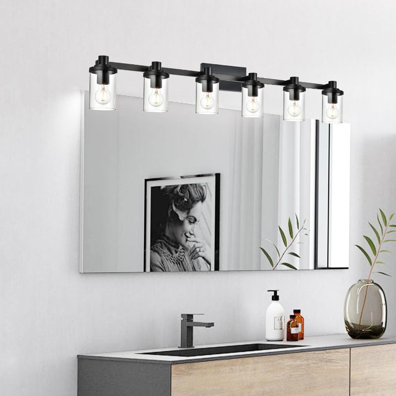 Photo 1 of Black Industrial Vanity Lights, 6 Light Wall Lights, Wall Sconces Light with Clear Glass Shade Bathroom Light Fixtures for Bathroom Cabinets Dressing Table Hallway,Restroom
