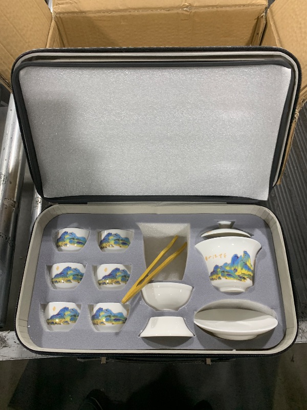 Photo 1 of ICHAG Chinese Gongfu Tea Set for Adults, Asian Gaiwan Tea Sets with Teapet & Yangzhi Jade (?????), 13-Piece Blue Leather Case Teaset for Home, Office, Gifts (Qiangli Jiangshan)