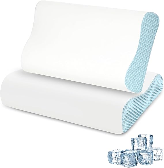 Photo 1 of 2 Pack Memory Foam Cooling Bed Pillows for Sleeping, Ergonomic Cervical Pillow for Neck and Shoulder Pain Relief, Adjustable Cold Pillow Set of 2,with Pillowcase?Blue?