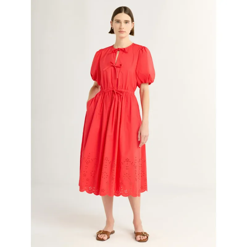 Photo 1 of Free Assembly Women's and Women's Plus Tie Front Cotton Eyelet Midi Dress with Short Puff Sleeves, Size SMALL
