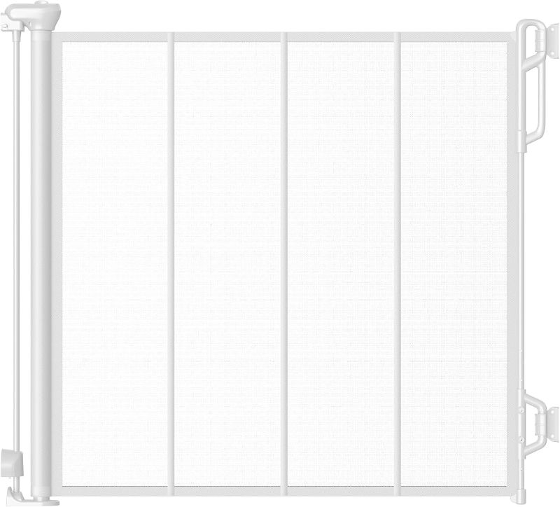 Photo 1 of Reinforced Retractable Baby Gate or Mesh Dog Gate,Easy to Use for Stairs, Doorways, Hallways, Indoor, Outdoor, Wide Pet Gate 33.5" Tall, Extends to 55" Wide, White
