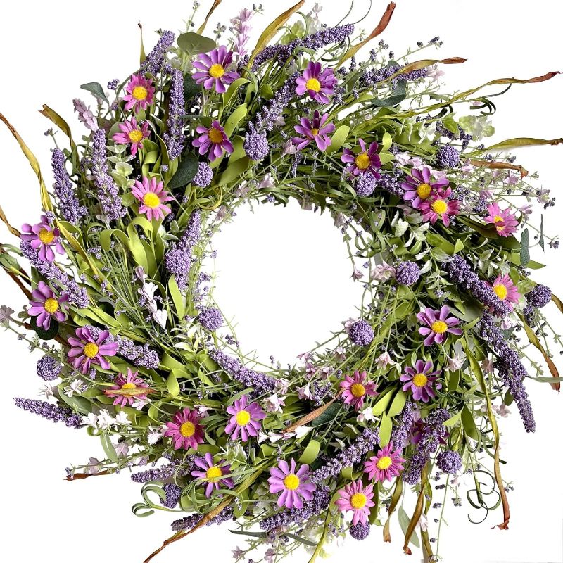 Photo 1 of 24 Inch Spring and Everyday Greenery Wild Flower Wreath for Front Door, Mixed Green Leaves and Flower Wreath for Indoor and Outdoor Use, Everyday Home Decor
