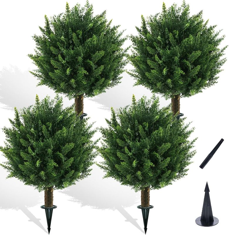 Photo 1 of 21" Artificial Cypress Topiary Outdoor Plants with Spike, 4 Pack Faux Cedar Bushes UV Resistant Fake Shrubs for Front Porch Décor