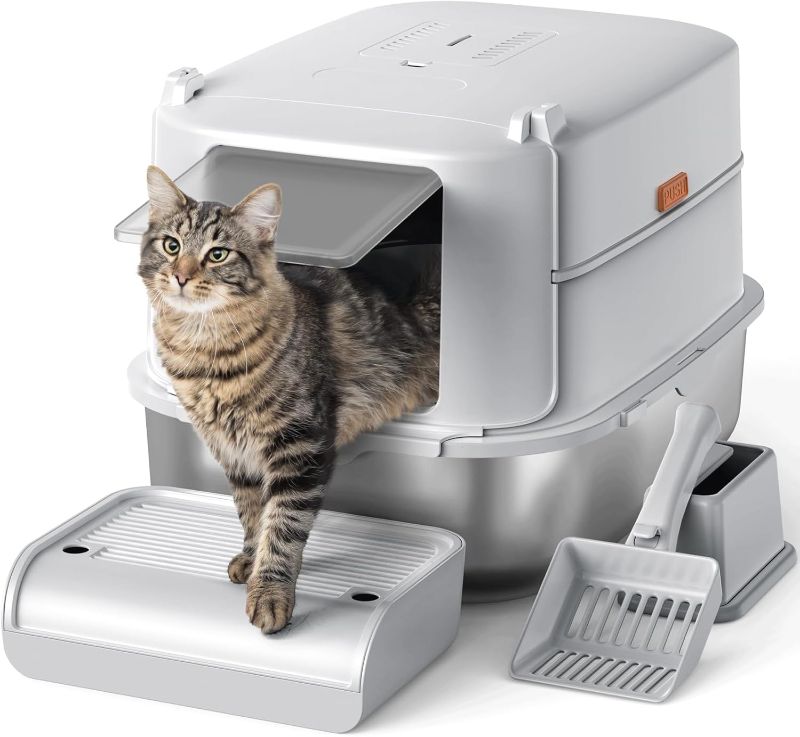 Photo 1 of Stainless Steel Cat Litter Box with Lid, XL Extra Large Litter Box for Big Cats, Enclosed Metal Kitty Litter Box with High Sided Enclosure & Scoop, Anti-Leakage, Non-Sticky, Easy Cleaning Gray
