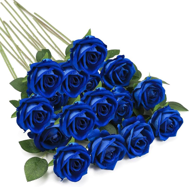 Photo 1 of 16PCS Artificial Silk Flowers Faux Roses Bouquet Long Stem for Home Wedding Decoration Party (Royal Blue)

