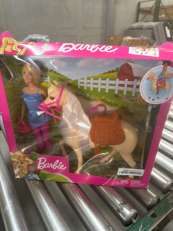 Photo 1 of Barbie Playet with Blonde Fashion Doll in Riding Outfit & Light Brown Horse with Saddle, Bridle & Reins