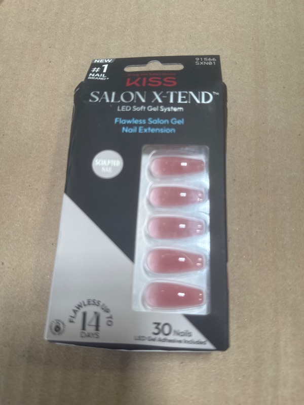Photo 1 of KISS Salon X-tend, Press-On Nails, Nail glue included, 'Flowers', Medium Pink, Long Size, Coffin Shape, Includes 30 Nails, 5Ml Led Soft Gel Adhesive, 1 Manicure Stick, 1 New Mini File, New Prep Pad