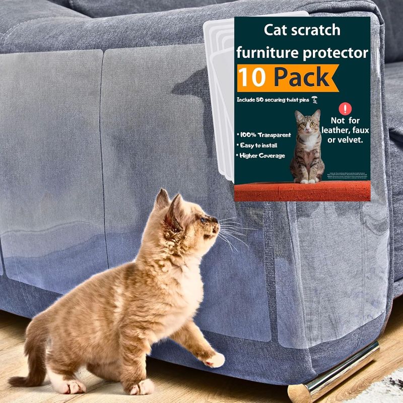 Photo 1 of Anti Cat Scratch Furniture Protector, 10-Pack Couch Protector from Cat Claws - Heavy-Duty, Easy-to-Apply Scratching Deterrent and Shield for Sofa Corners, Walls, Doors- with 50 Twist Pins
