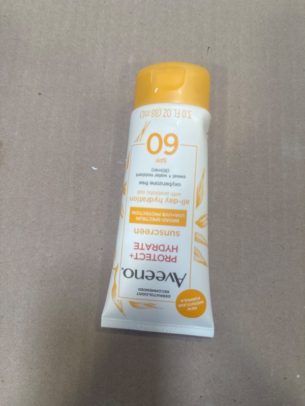 Photo 1 of Aveeno Protect + Hydrate Moisturizing Body Sunscreen Lotion with Broad Spectrum SPF 60 & Prebiotic Oat, Weightless & Refreshing Feel, Paraben-Free, Oil-Free, Oxybenzone-Free, 3.0 fl. oz