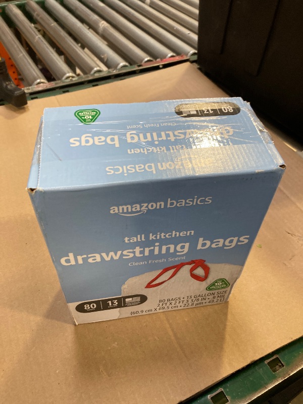 Photo 1 of Amazon Basics 13 Gallon Tall Kitchen Drawstring Trash Bags, Clean Fresh Scent, 10% Post Consumer Recycled, 80 count