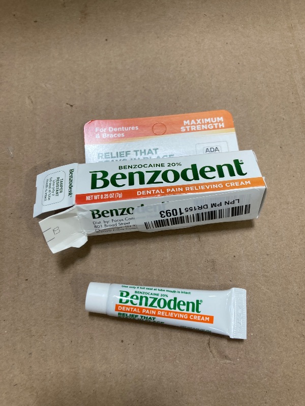 Photo 1 of Benzodent Dental Pain Relieving Cream for Dentures and Braces, Topical Anesthetic, 0.25 Ounce Tube