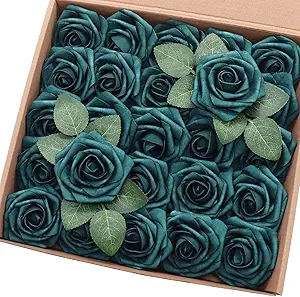 Photo 1 of Artificial Flowers 50PCS Real Looking Peacock Green Fake Roses with Stem for DIY Wedding Bouquets Centerpieces Party Baby Shower Home Decorations