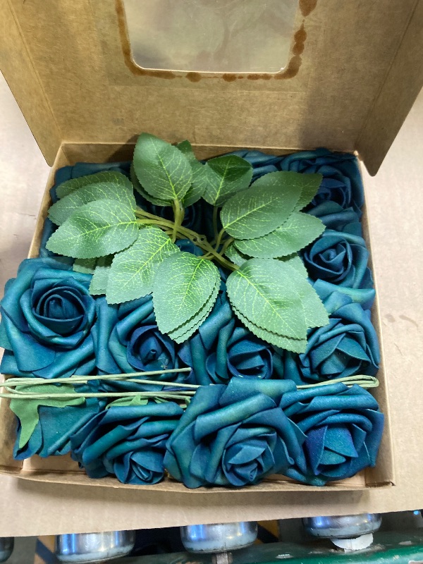 Photo 1 of Artificial Flowers 50PCS Real Looking Peacock Green Fake Roses with Stem for DIY Wedding Bouquets Centerpieces Party Baby Shower Home Decorations