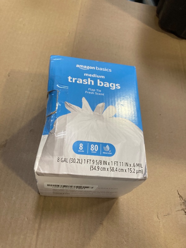 Photo 1 of Amazon Basics 8 Gallon Flap Tie Trash Bags, 80 Count Fresh Scent