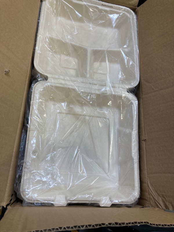 Photo 1 of 50 Pack Bagasse Clamshell Take Out Containers 9x9 | 3 Section | Heavy Duty To Go Clamshell Food Containers | Planet-Friendly and Compostable Bagasse Take Out Containers for Hot & Cold Food