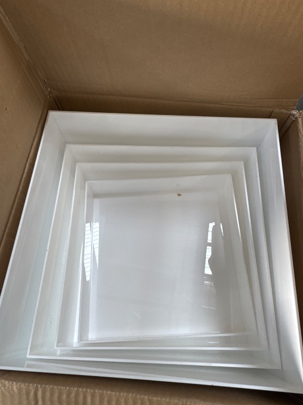 Photo 1 of BINBE Acrylic Risers for Display,White Acrylic Cube Box Dessert Display Stand with Hollow Bottoms 4 Different Size Acrylic Product Display Risers for Party Decor (White(9'' x 10'' x 11'' x 12''))