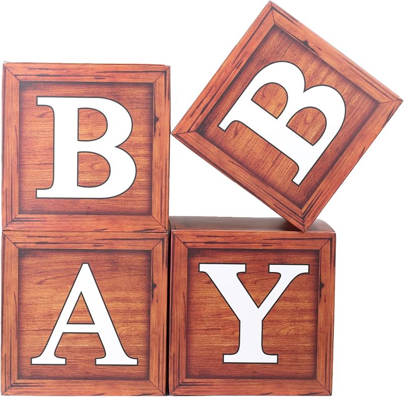 Photo 1 of Baby balloon box,with 4 PCS wood grain balloon boxes with letters, used for baby shower, birthday party gender revealing decoration.
