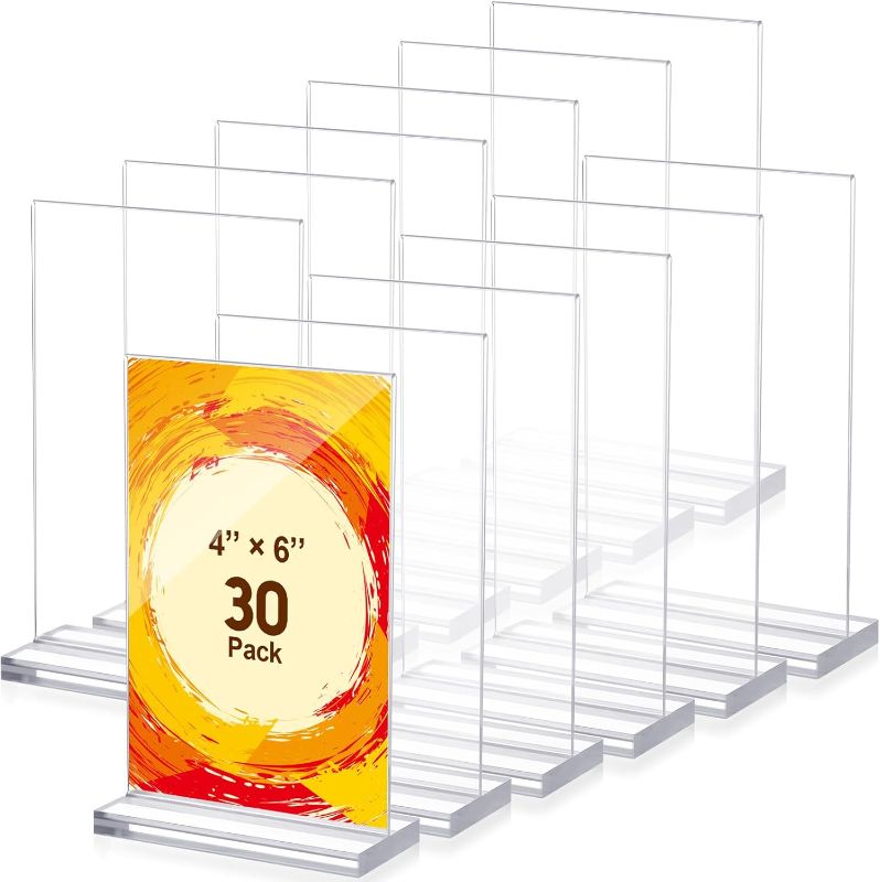 Photo 1 of 30 Packs 4 x 6 Inch Acrylic Sign Holder Clear Table Menu Display Stand Acrylic Stands for Display Standing Menu Flyer Holder Double Sided Clear Acrylic Sign for Office Store Restaurant Meetings
