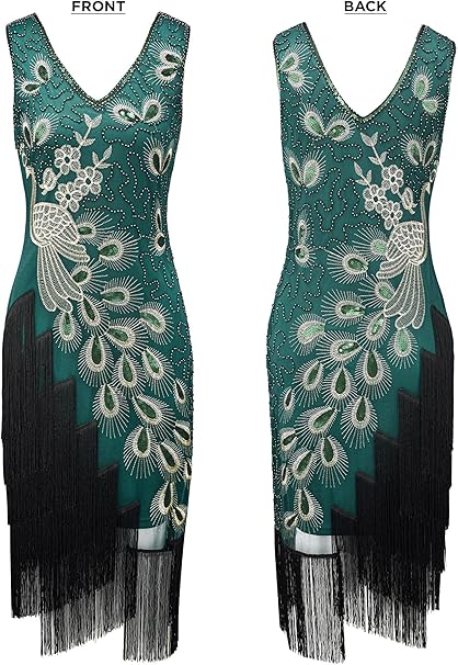 Photo 1 of SWEETV Women's 1920s Vintage Peacock Flapper Dresses Sequin Beaded Fringed Gatsby Dress Large