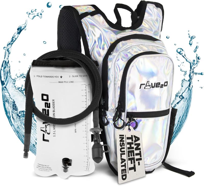 Photo 1 of Rave2o Anti Theft Rave Hydration Backpack - 1.5L Insulated Water Backpack for Raves, Festivals, Hiking, Running - Festival Hydration Pack Bag for Men, Women, Kids - Festival Essentials 