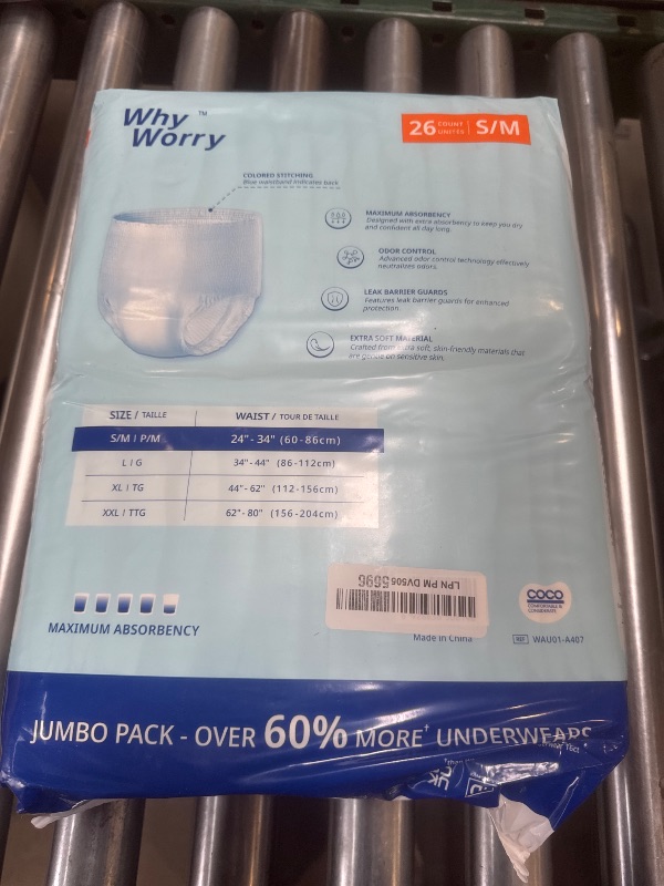 Photo 1 of WhyWorry Incontinence Underwear for Women and Men, Disposable Adult Pull Ups with Overnight Absorbency, Leakproof, Unisex, Small/Medium, 26 Count