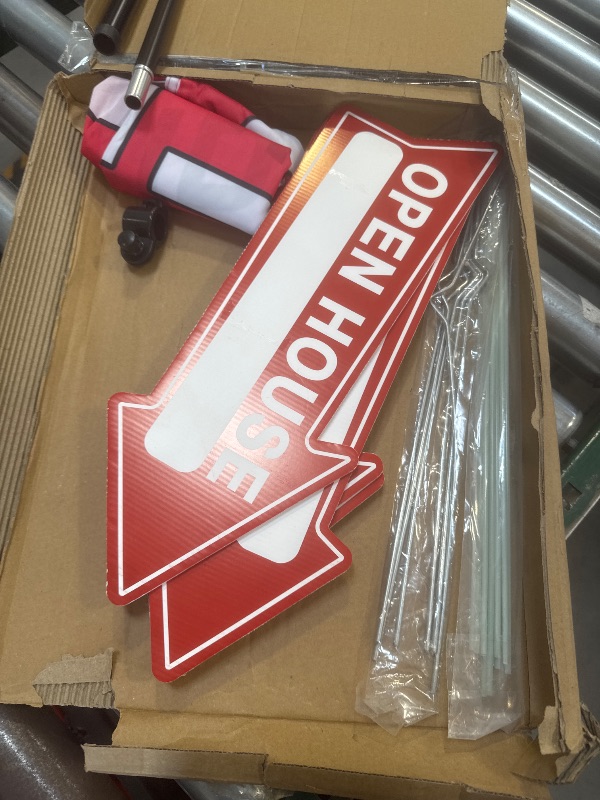 Photo 1 of Open House Signs Kit (45 Pcs), 1 Pack Open House Flag, 9 Pack Open House Signs for Real Estate, Double Sided Directional Arrows Signs with Stakes and 24 Balloons for Real Estate Agents Supplies